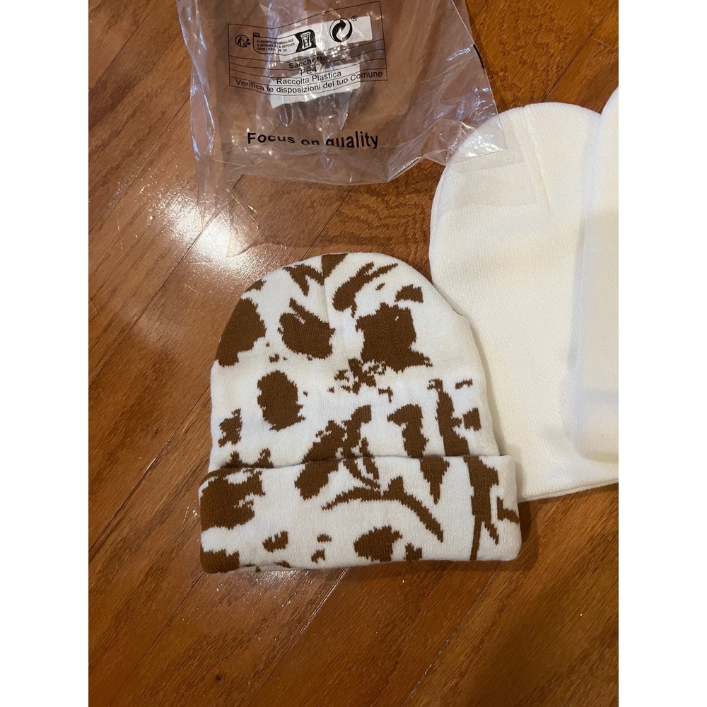 Cow Print Beanie Hat Set Women's Winter Warm Knit Cap Brown White - Picture 2 of 2
